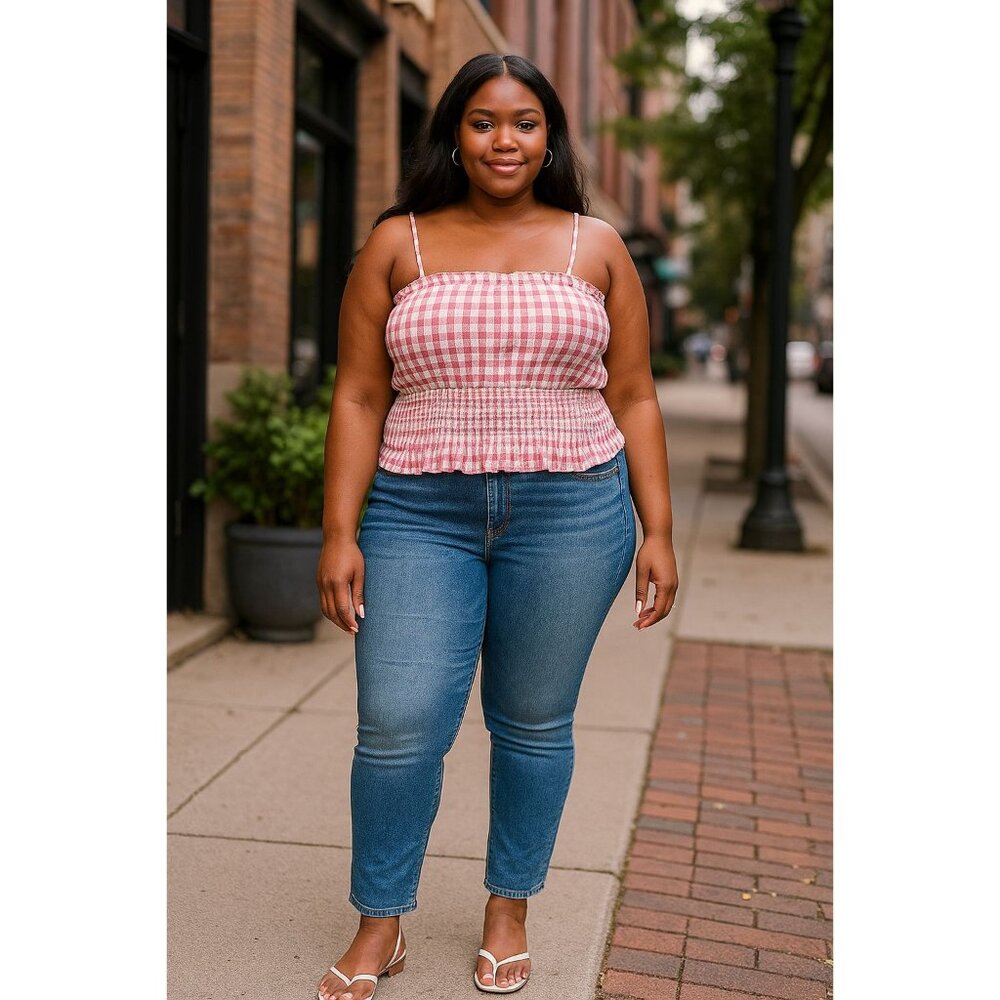 American Eagle Plus Size XXL Crop Top Gingham Smocked Pink White Lightweight - Picture 9 of 9